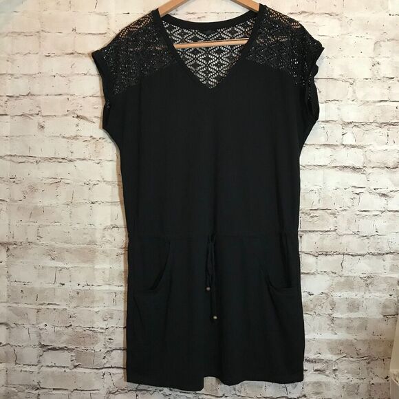 Talbots Dress Womens Medium Black Drawstring Mesh Lace Trim Pockets Stretch - Picture 1 of 15